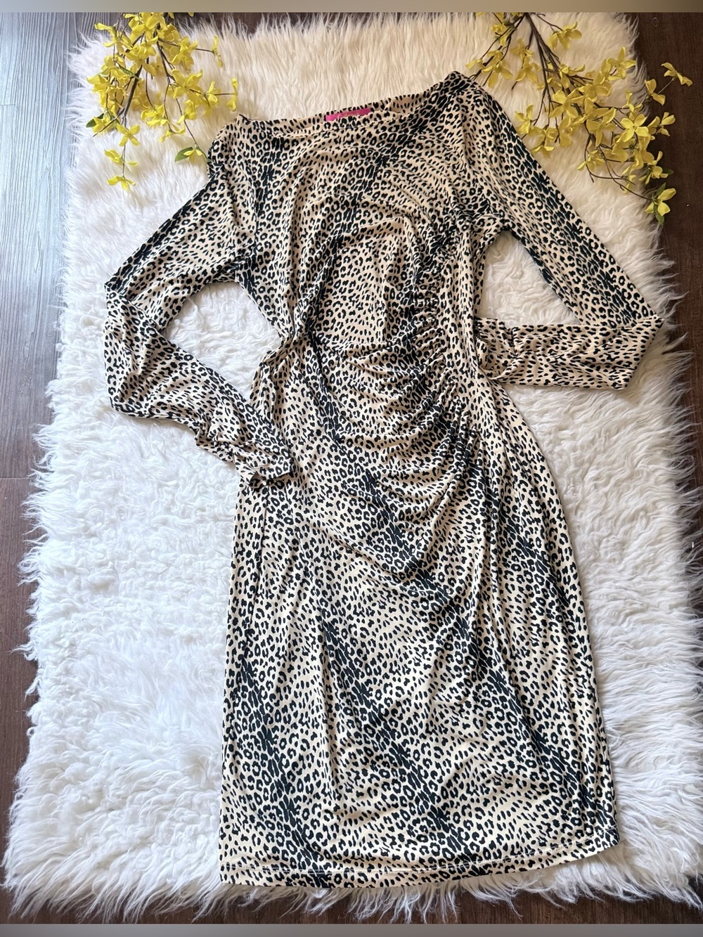 Catherines Black and Cream Long-Sleeve Leopard Ruched Midi Dress